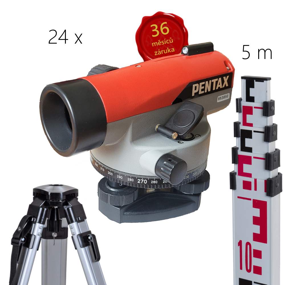 Optický nivelační přístroj Pentax AP-224, Nivelační lať teleskopická 5m, E-vzor, Stativ stativ s kulovou hlavou