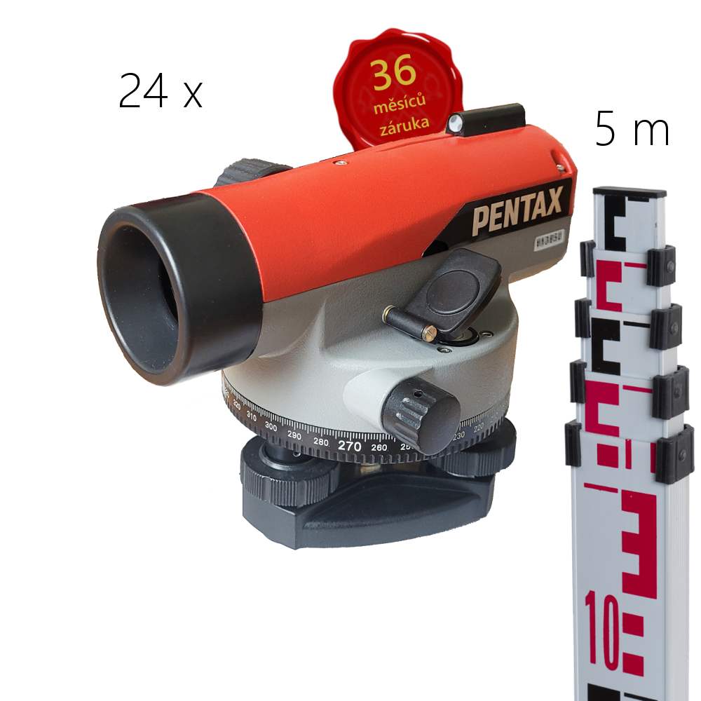 Optický nivelační přístroj Pentax AP-224, Nivelační lať teleskopická 5m, E-vzor, Stativ bez stativu